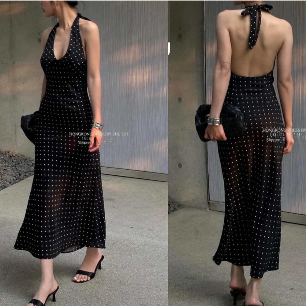 Black Polka Dot Backless Halter Midi Dress